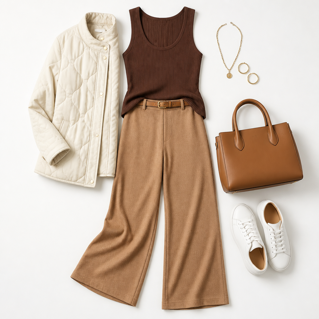 Actual SASS School Run outfit with wide-leg pants, quilted jacket and sneakers